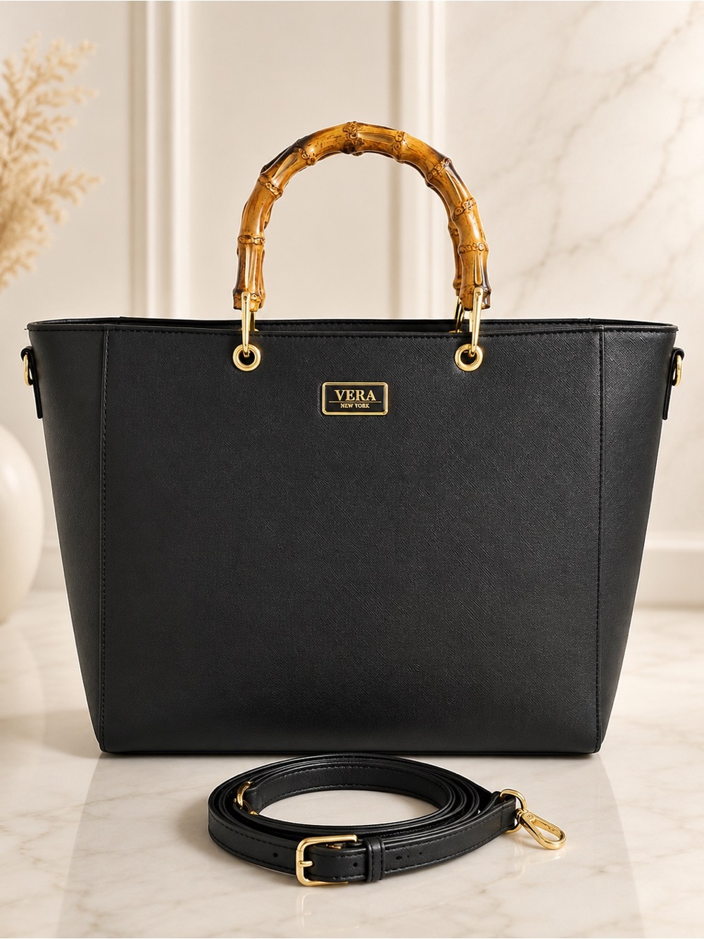 Vera New York Black Bamboo Handle Tote Crossbody Bag Gold Hardware Work Purse